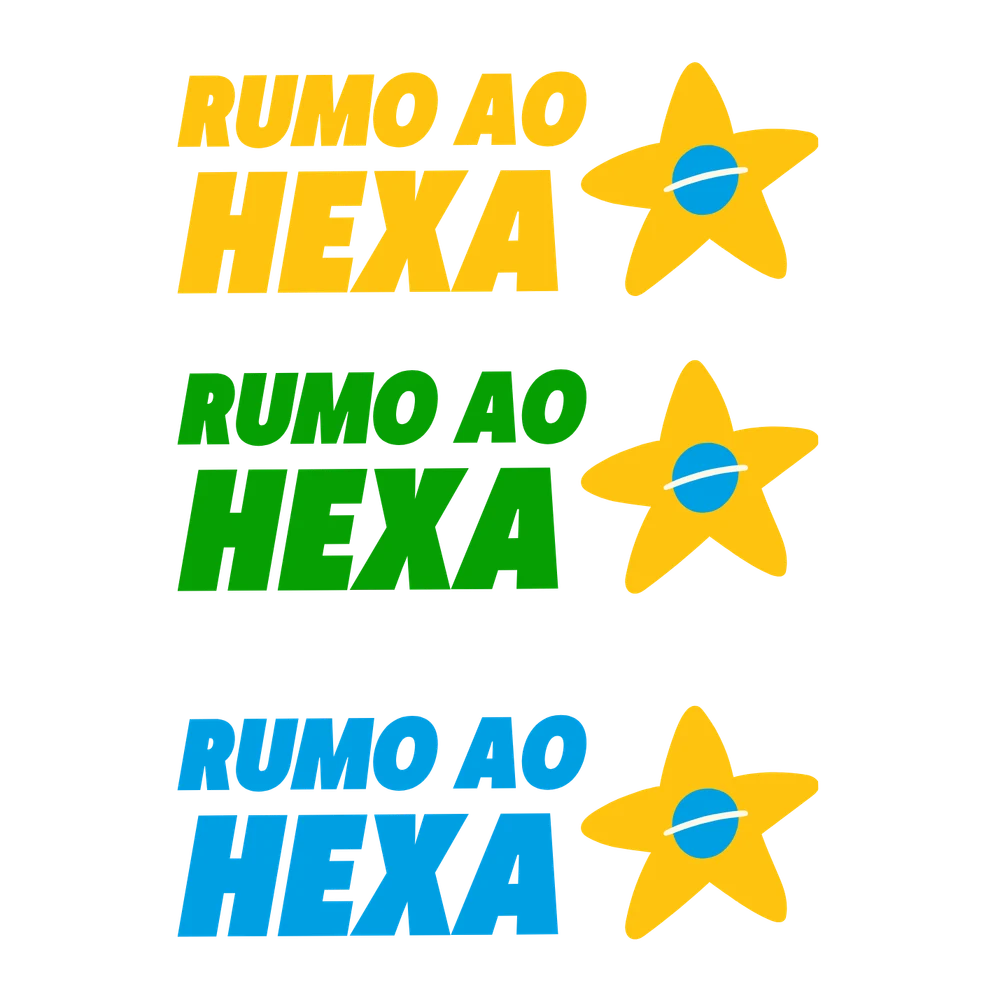 Modelo de personalizacao 1: logo Rumo ao Hexa com estrela e bola em 3 variacoes de cor (amarelo, verde, azul)