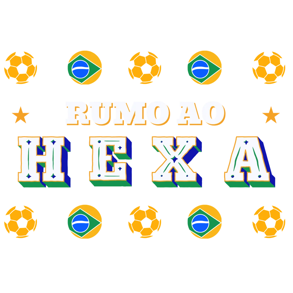 Modelo de personalizacao 2: tipografia retro Rumo ao Hexa com padrao de bolas de futebol e bandeirinhas do Brasil